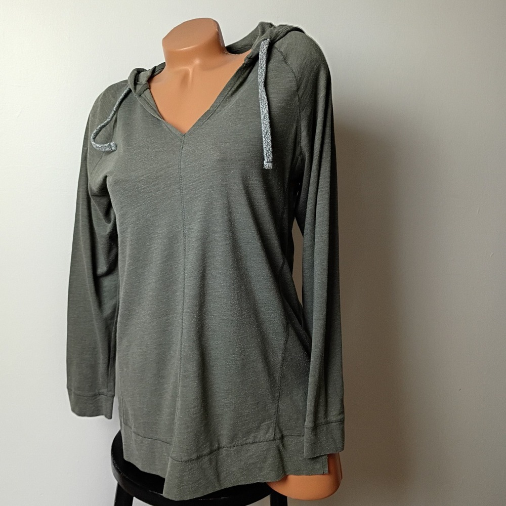 Eddie Bauer Womens Olive Green V-Neck Long Sleeve Hoodie Pullover Medium